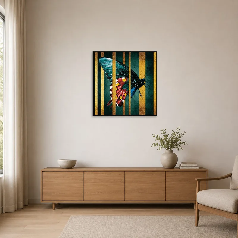 Minimalist room featuring a butterfly art print with bold gold stripes.