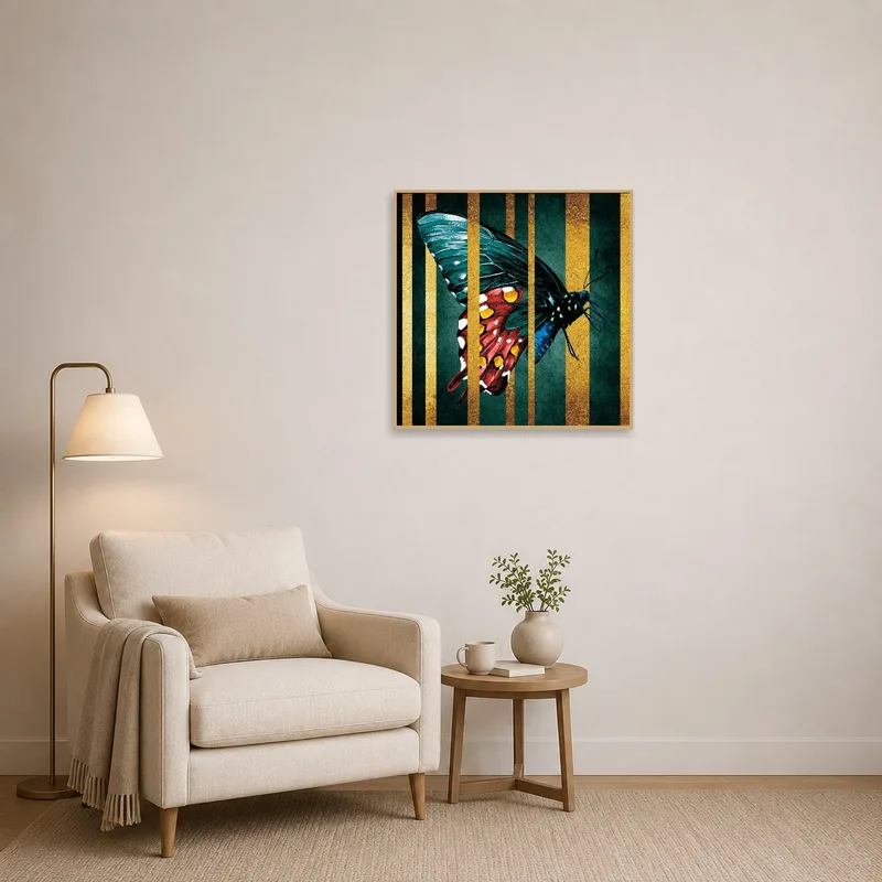 Reading corner brightened by a butterfly art print with gold stripes.