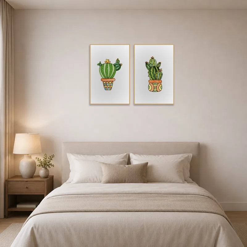 Cactus art provides a cheerful focal point in a restful bedroom.