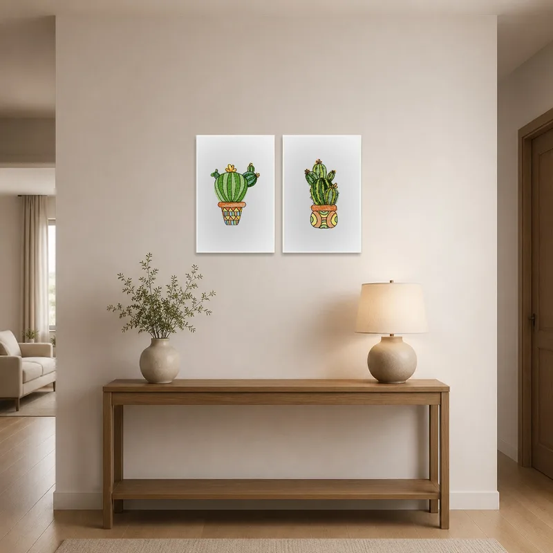 Bright cactus artwork greets visitors in a stylish entrance hall.