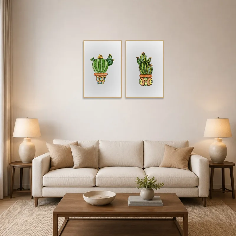 Colorful cactus art adds a lively touch above a cozy sofa in the living room.