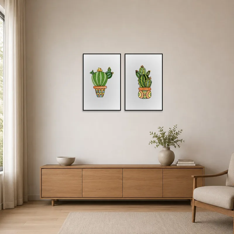 A splash of color with cactus art on a crisp white wall in a minimalist setting.