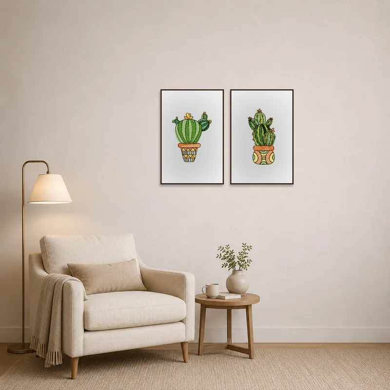 Vivid cactus pair artwork brings energy to a tranquil reading corner.