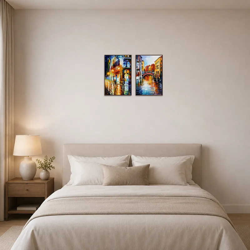 An evening rain cityscape enhances the tranquility of a bedroom.