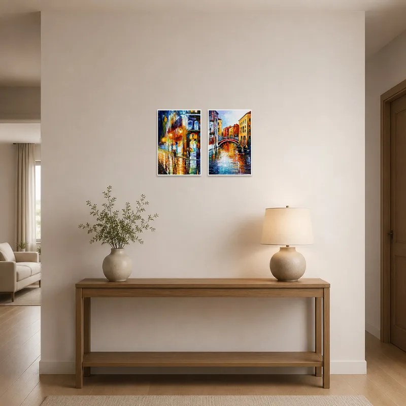 A vibrant cityscape welcomes guests in a chic entrance hall.