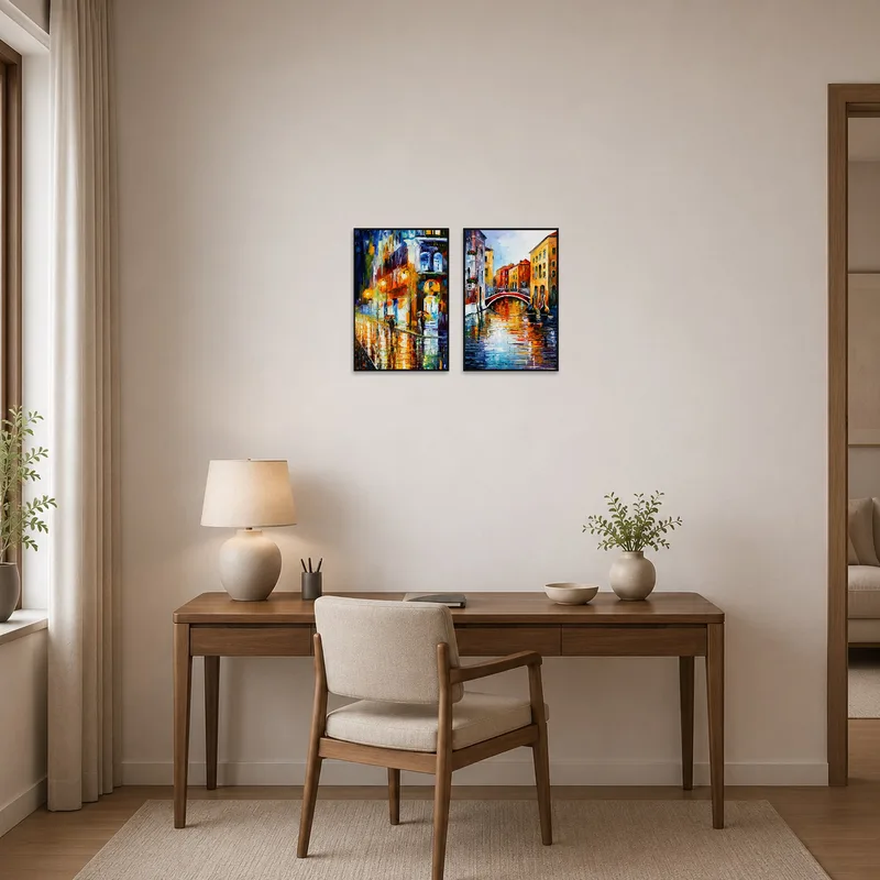 Rainy city canal views create an inspiring atmosphere in a home office.