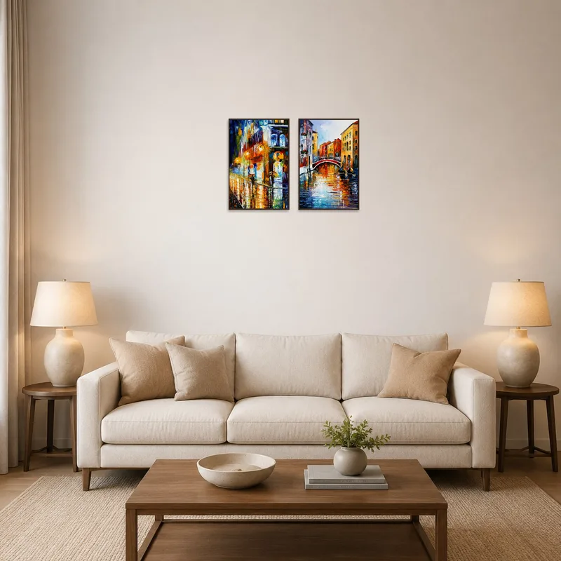 A cityscape with rain and canal views brightens up a modern living room.