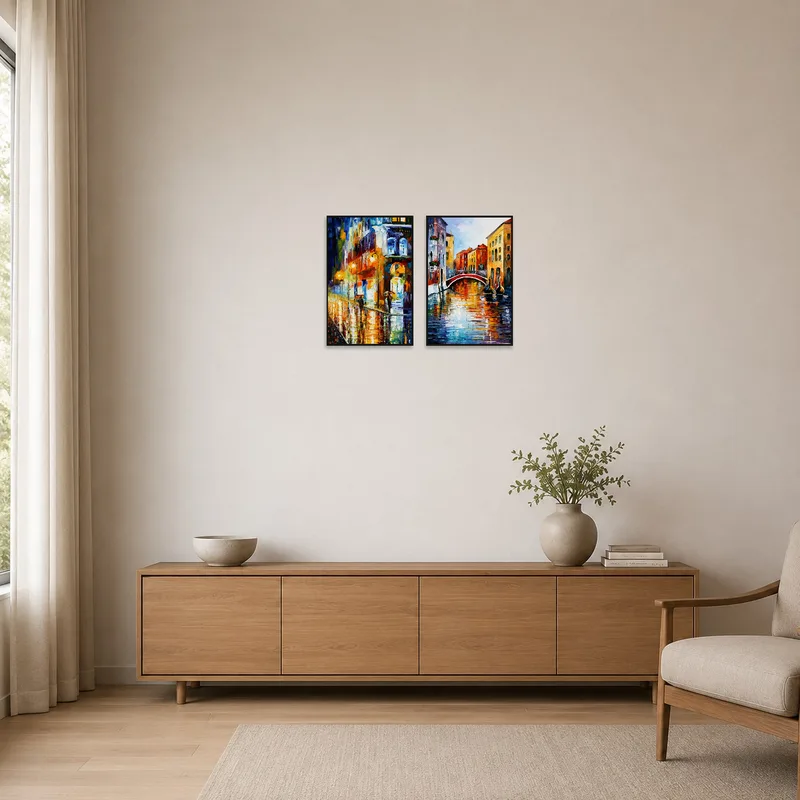 The artwork adds a splash of color to a clean, minimalist space.