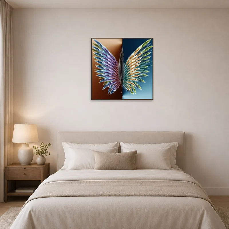 Dual-hued wings art creating a focal point in a serene bedroom setting.
