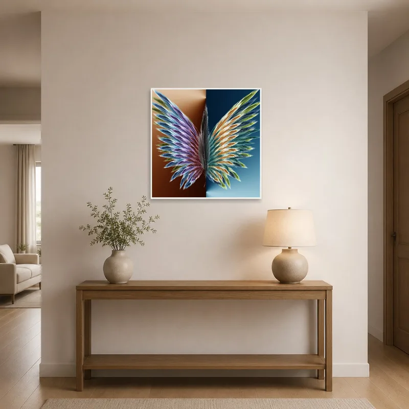 Eye-catching feathered wings art welcoming guests in the entrance hall.