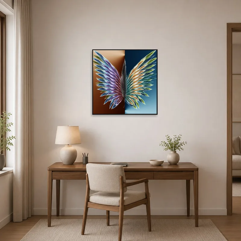 Feathered wings art inspiring creativity in a stylish home office.