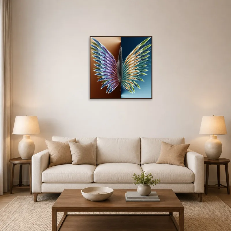 Colorful feathered wings art displayed above a modern sofa in the living room.