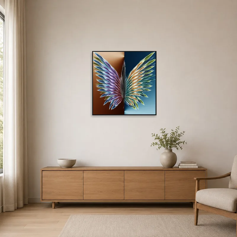 Simple, dual-toned feather wings art in a minimalist room with white walls.