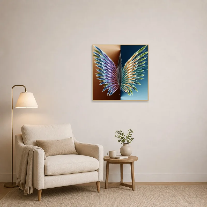 Vibrant feathered wings art adding flair to a cozy reading corner.