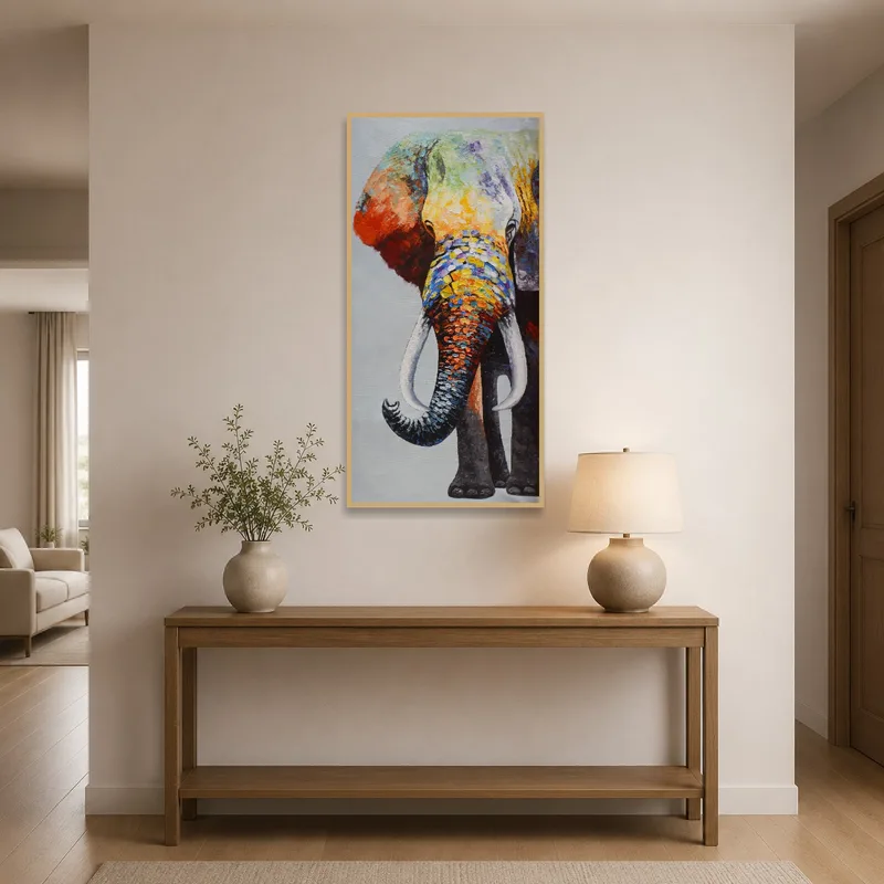 Abstract elephant canvas adding color to an elegant entrance hall.
