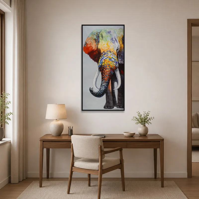 Elephant abstract art highlighting a tidy home office wall space.