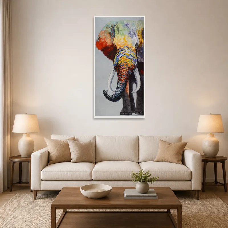 Vibrant elephant abstract art in a cozy living room setting with sofas.