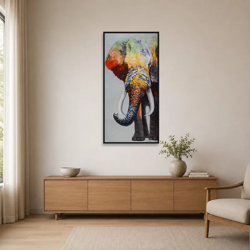 Vibrant elephant art in a sleek minimalist room with simple furnishings.