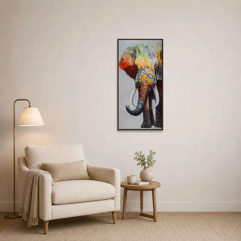 Bright elephant artwork in a cozy reading corner with a comfy chair.