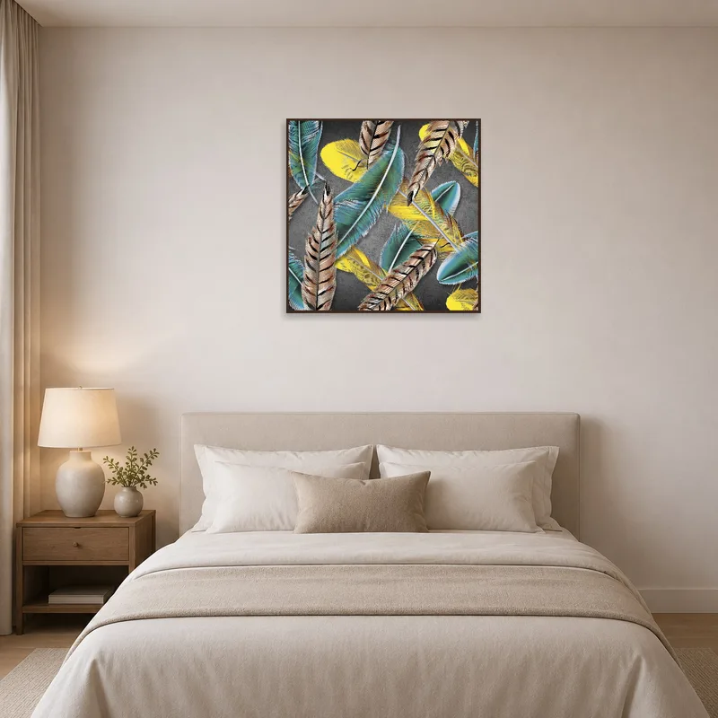 Feather art piece offers lively contrast to a peaceful bedroom.