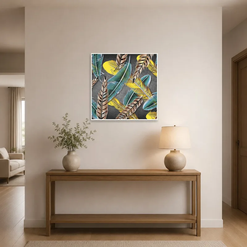 Vivid feather artwork highlights an entrance hall, setting a welcoming tone.