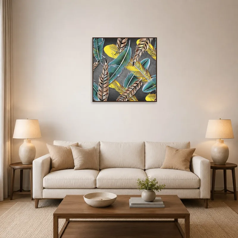 Artwork of colorful feathers against grey, adding vibrancy to a cozy living room.