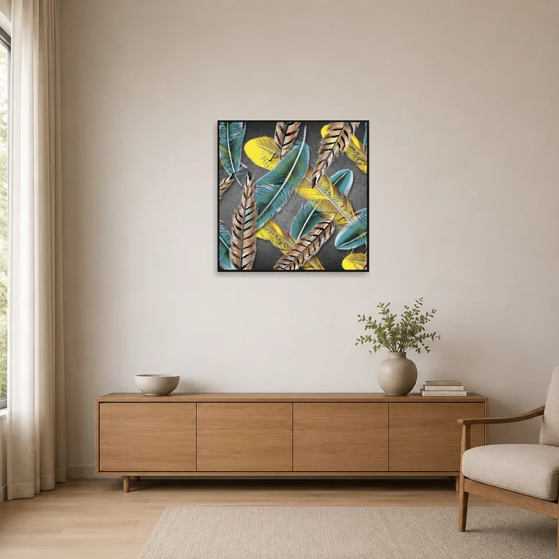 Striking feather piece enhancing a minimalist setting with a splash of color.