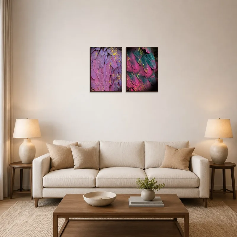 A striking art set showcasing feather textures with golden touches in a modern living room.
