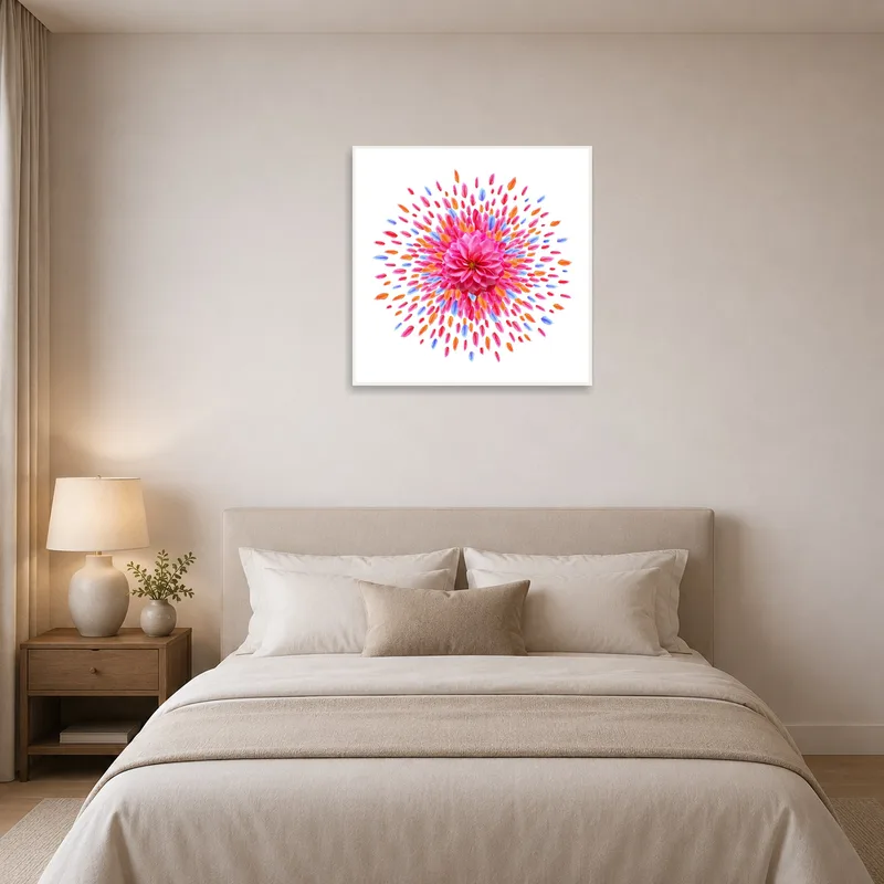 A bedroom displaying colorful floral art in pink, orange, and violet tones.