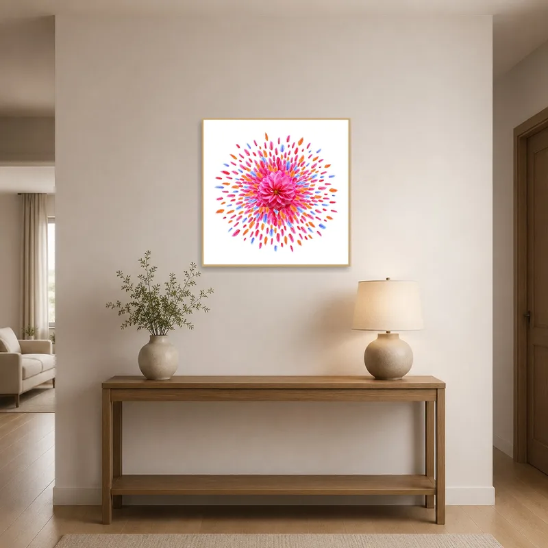 An entrance hall featuring a colorful floral artwork with pink, orange, and violet hues.