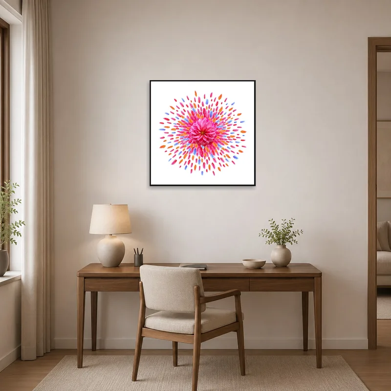 A home office with a vibrant floral artwork in pink, orange, and violet.