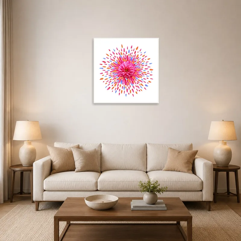 A living room with a vibrant floral print in pink, orange, and violet on the wall.
