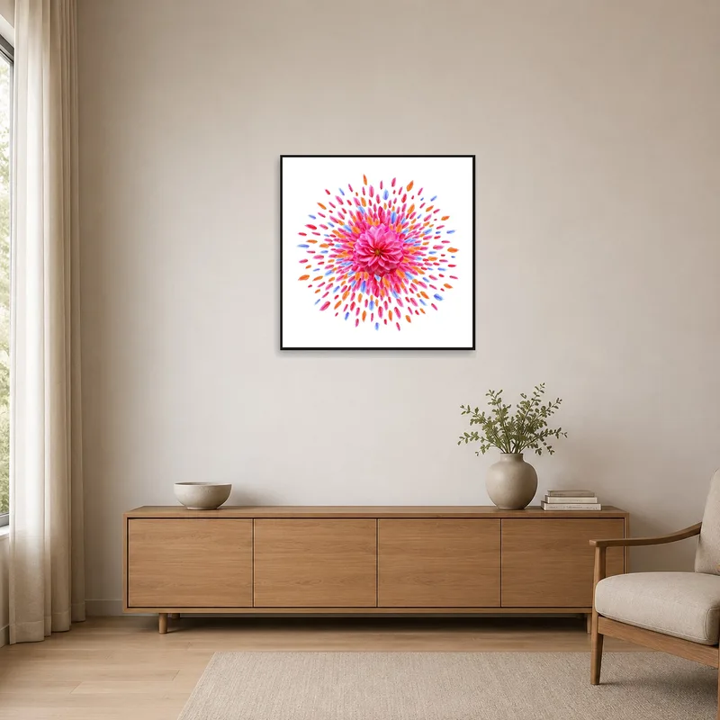 A minimalist room showcasing a pink, orange, and violet floral burst.