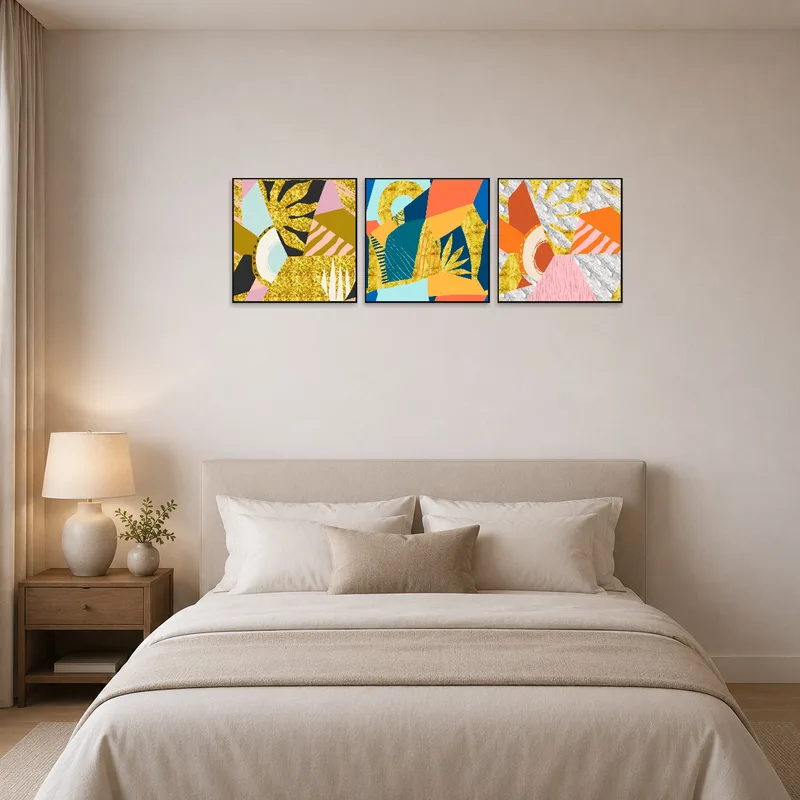 Colorful geometric art creating a focal point in a serene bedroom.
