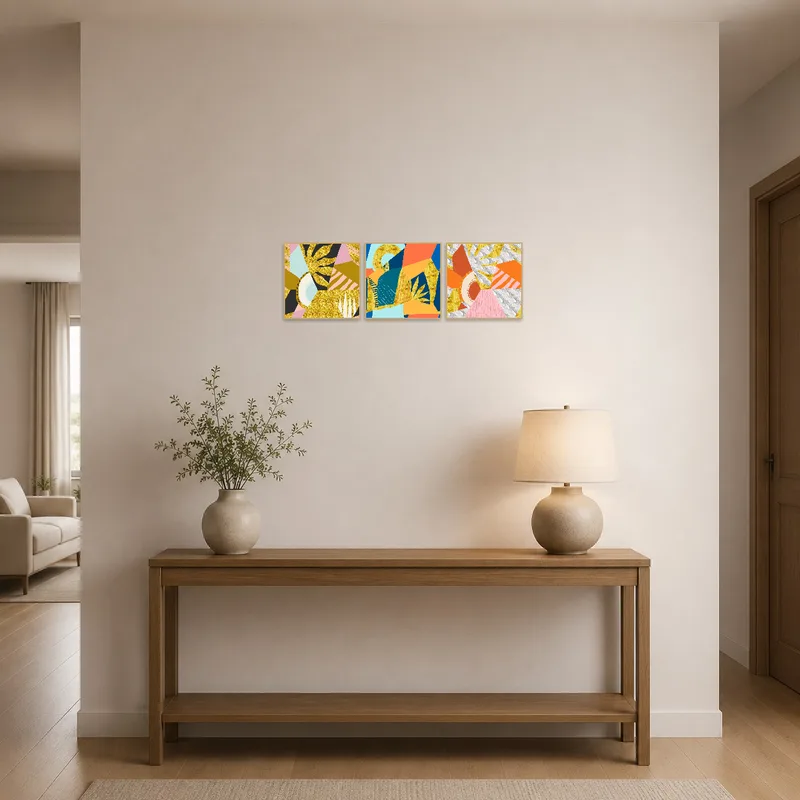 Bright geometric artwork greeting visitors in an entrance hall.