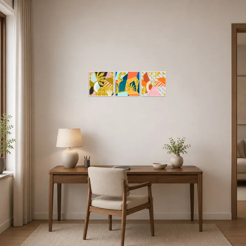Dynamic geometric prints enhancing the ambiance of a home office.