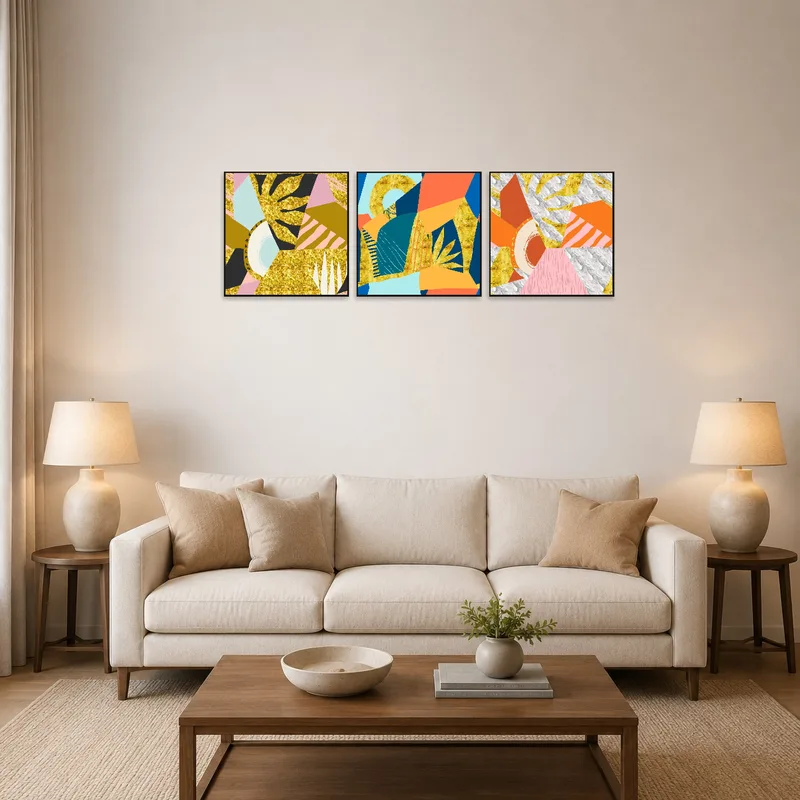Bold geometric triptych set displayed above a modern sofa in a living room.