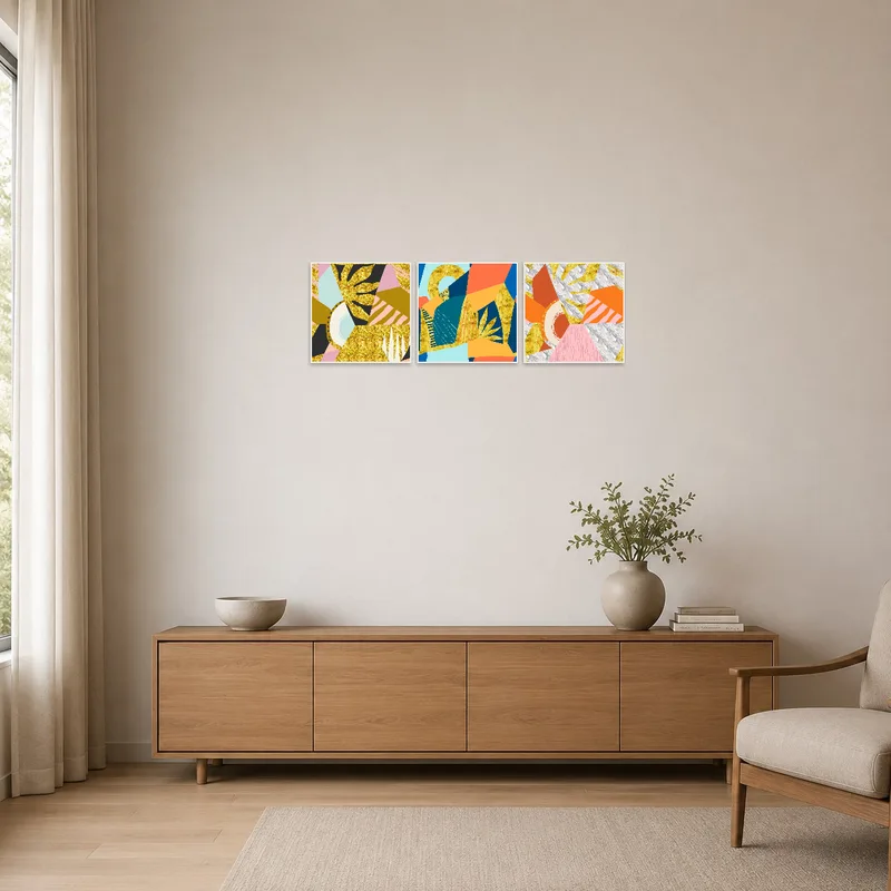 Geometric abstract triptych adding color to a minimalist space with white walls.