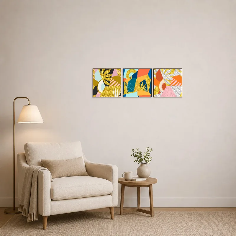 Vibrant abstract prints bringing energy to a cozy reading corner.