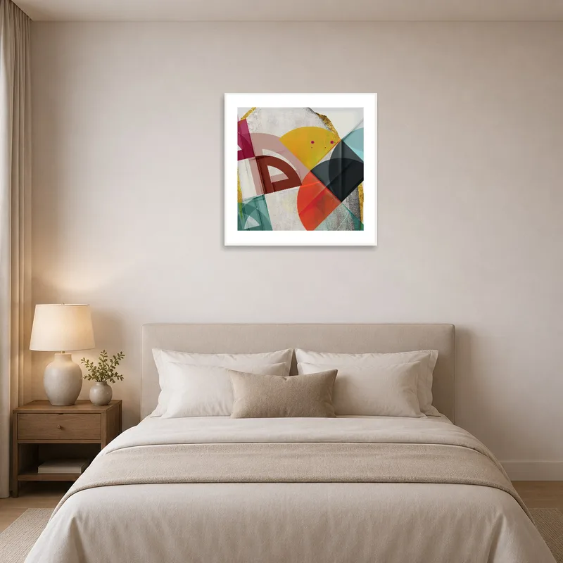 Vibrant geometric artwork provides a playful accent in a serene bedroom setting.