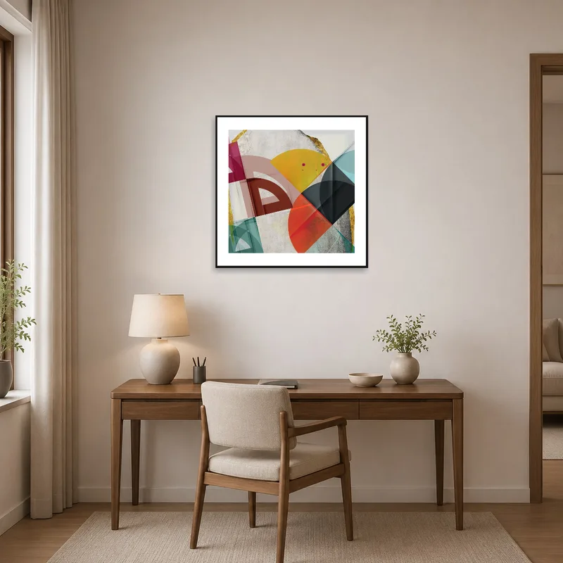 A colorful geometric piece energizes the home office, infusing creativity into the workspace.