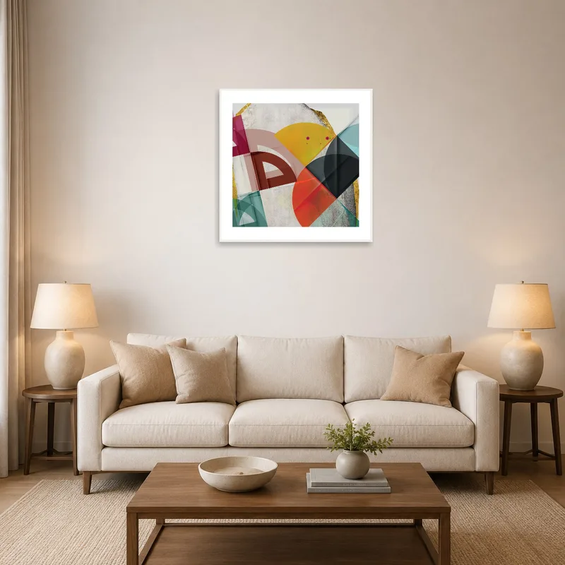 A lively geometric artwork adds a splash of color above a modern sofa in the living room.