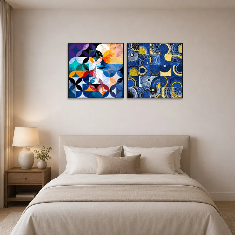 Vibrant abstract set creating a focal point in a stylish bedroom.