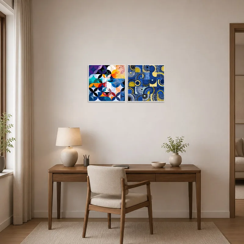 Geometric art pieces enhancing a creative vibe in the home office.