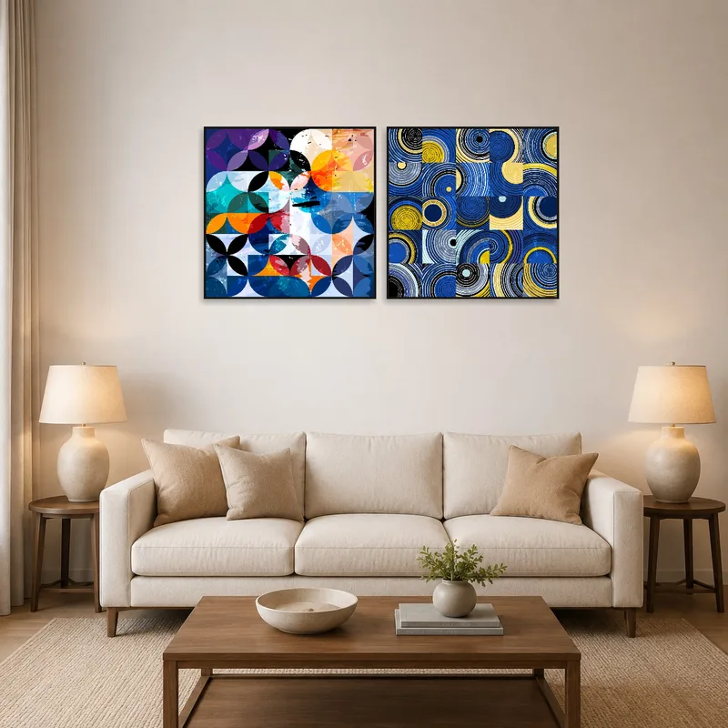 A vibrant geometric art set on the living room wall above a modern sofa.