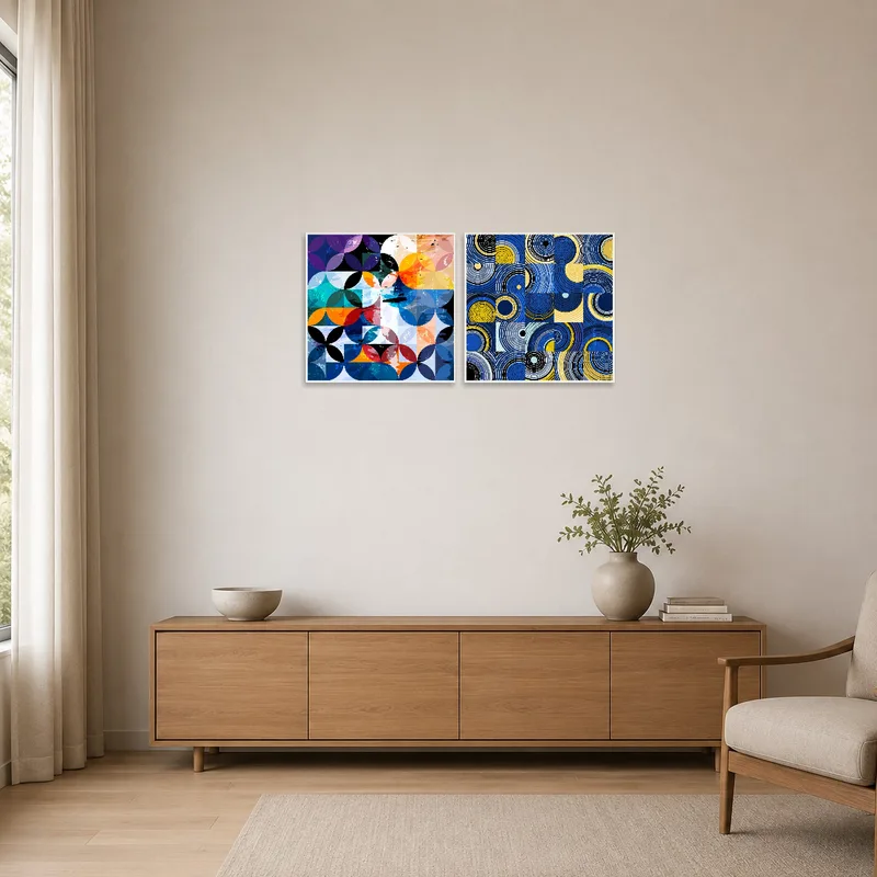 Geometric abstraction art adding color to a minimalist room setup.