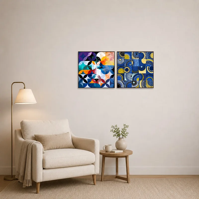 Geometric artworks bringing energy to a relaxing reading corner.