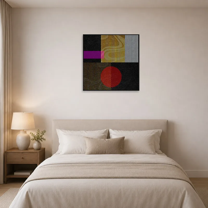 Bold geometric patterns in vibrant colors add flair to a serene bedroom wall.