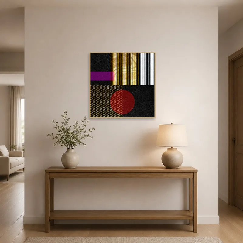 Vibrant abstract geometric artwork welcomes guests in an entrance hall.