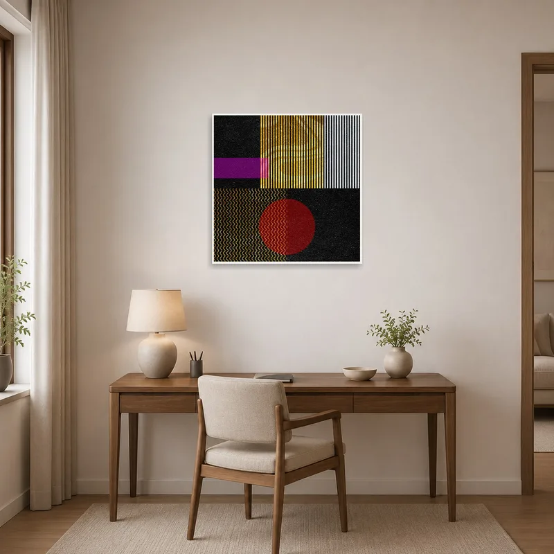 Geometric rhythms with vibrant hues energize a creative home office space.